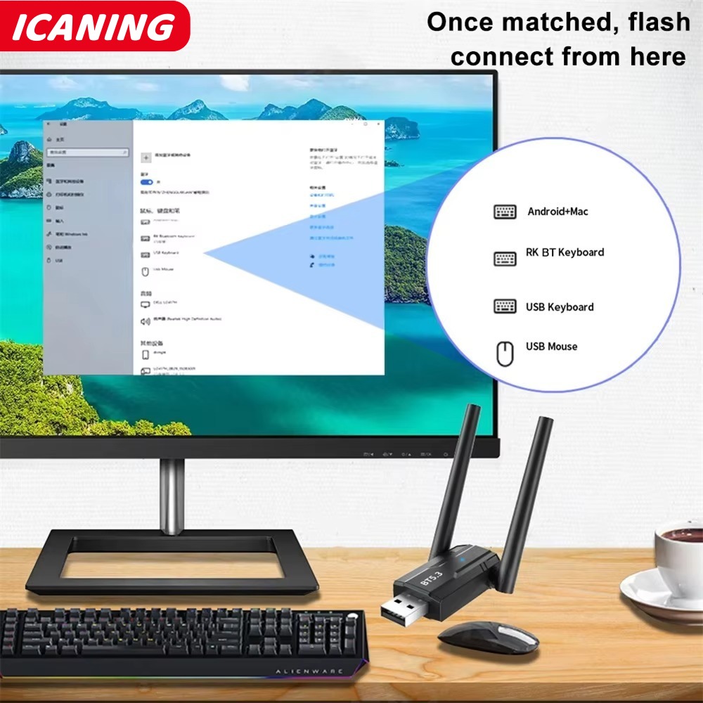 Bluetooth 5.3 Adapter Free Driver 150M USB Bluetooth Dongle Adaptador for PC Windows 11/10/8.1 Mouse Keyboard Audio Receiver