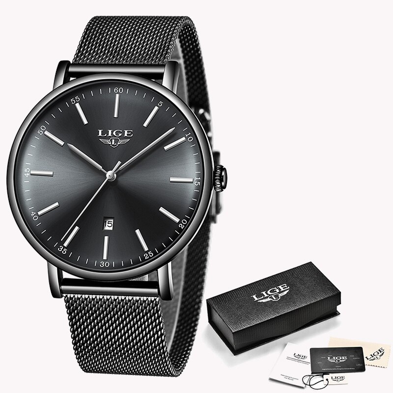 LUIK Vrouwen Horloges Rvs Mesh Riem Horloge Eenvoudige 8mm Ultra-dunne Quartz Klok Horloges Voor vrouwen + Box: Full black