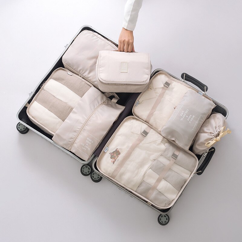 8Pcs/set Large Capacity Luggage Travel Bag Clothes Underwear Cosmetic Storage Bag Baggage Packing Suit Organizer Wash Bags: Beige