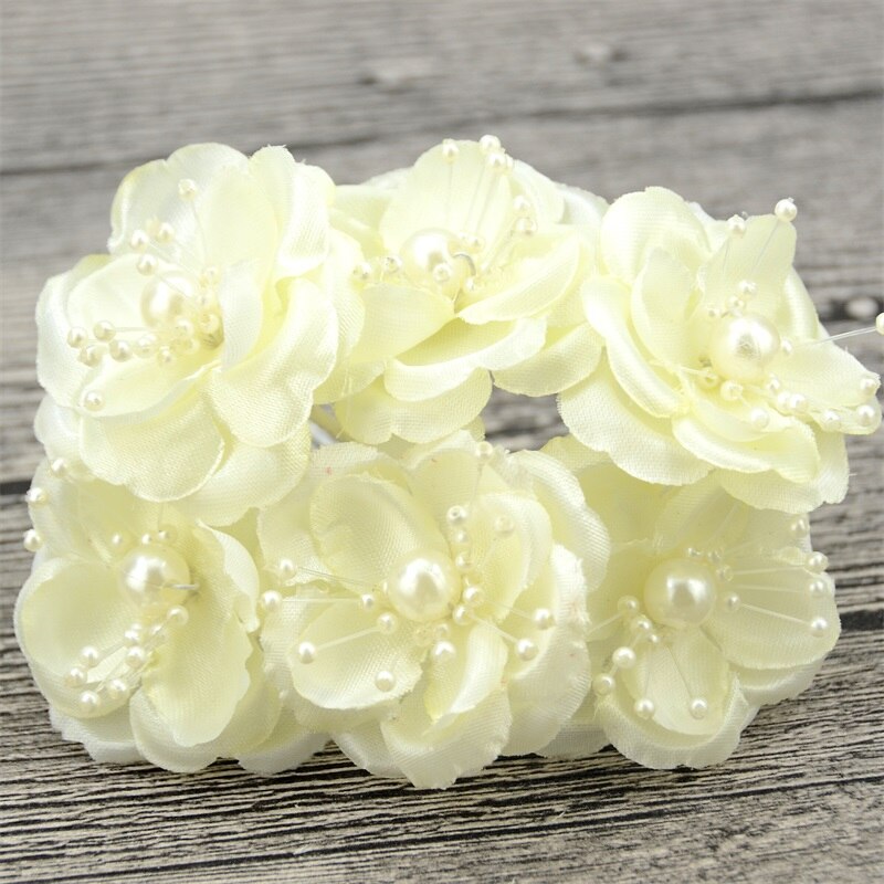 12 unidades/lote estambres de perlas Mini ramo de flores artificiales de seda de color rosa para decoración de boda DIY, accesorios para tocado de flores de novia: Milk white
