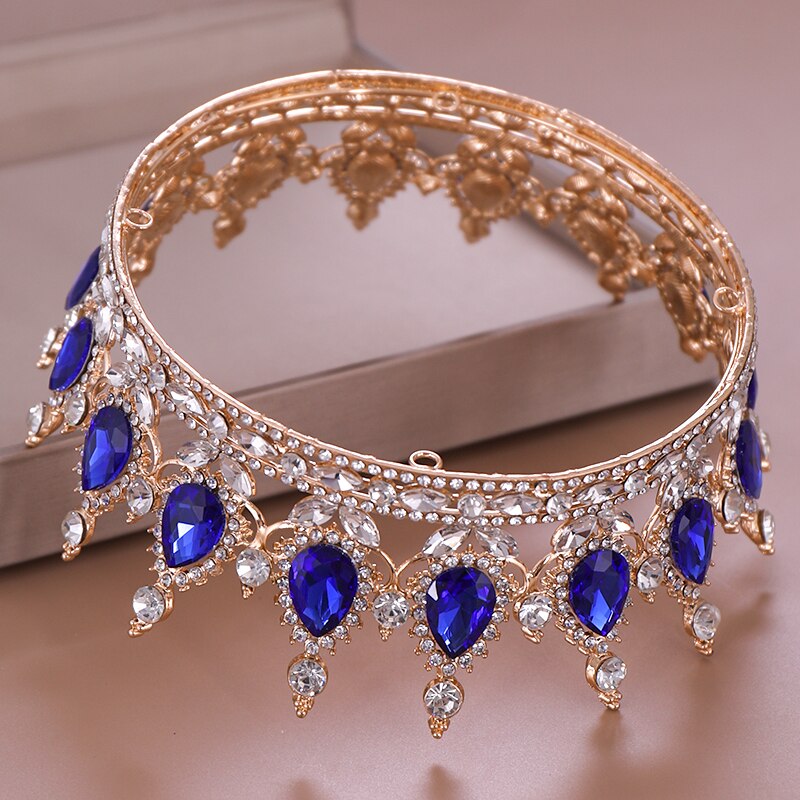 Cristal azul coroa tiara nupcial acessórios de cabelo strass cristal redondo coroa bandana para mulher rainha diadem rei coroa presente