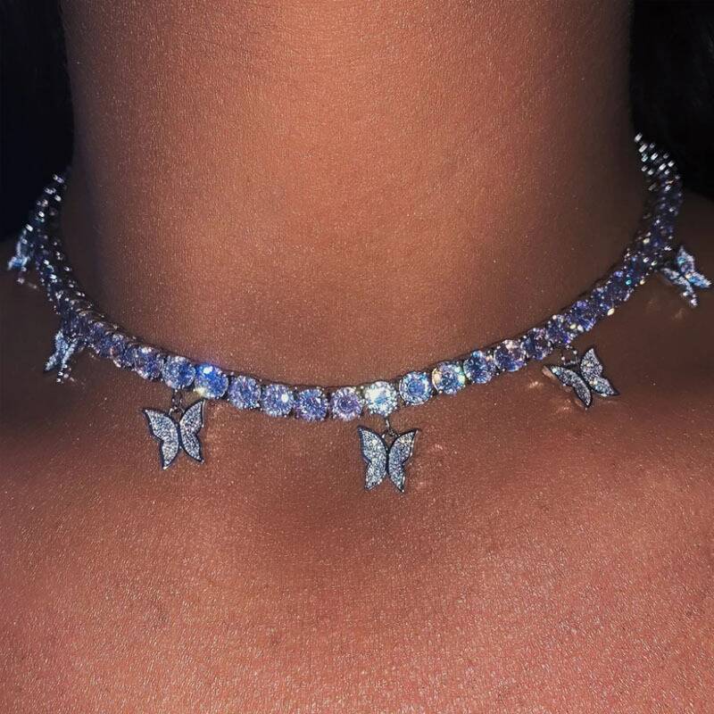 Gargantilla de diamantes de imitación de cinco mariposas para mujer, collar de cadena gótico de Hip Hop, joyería para , collar de Gargantilla con colgantes