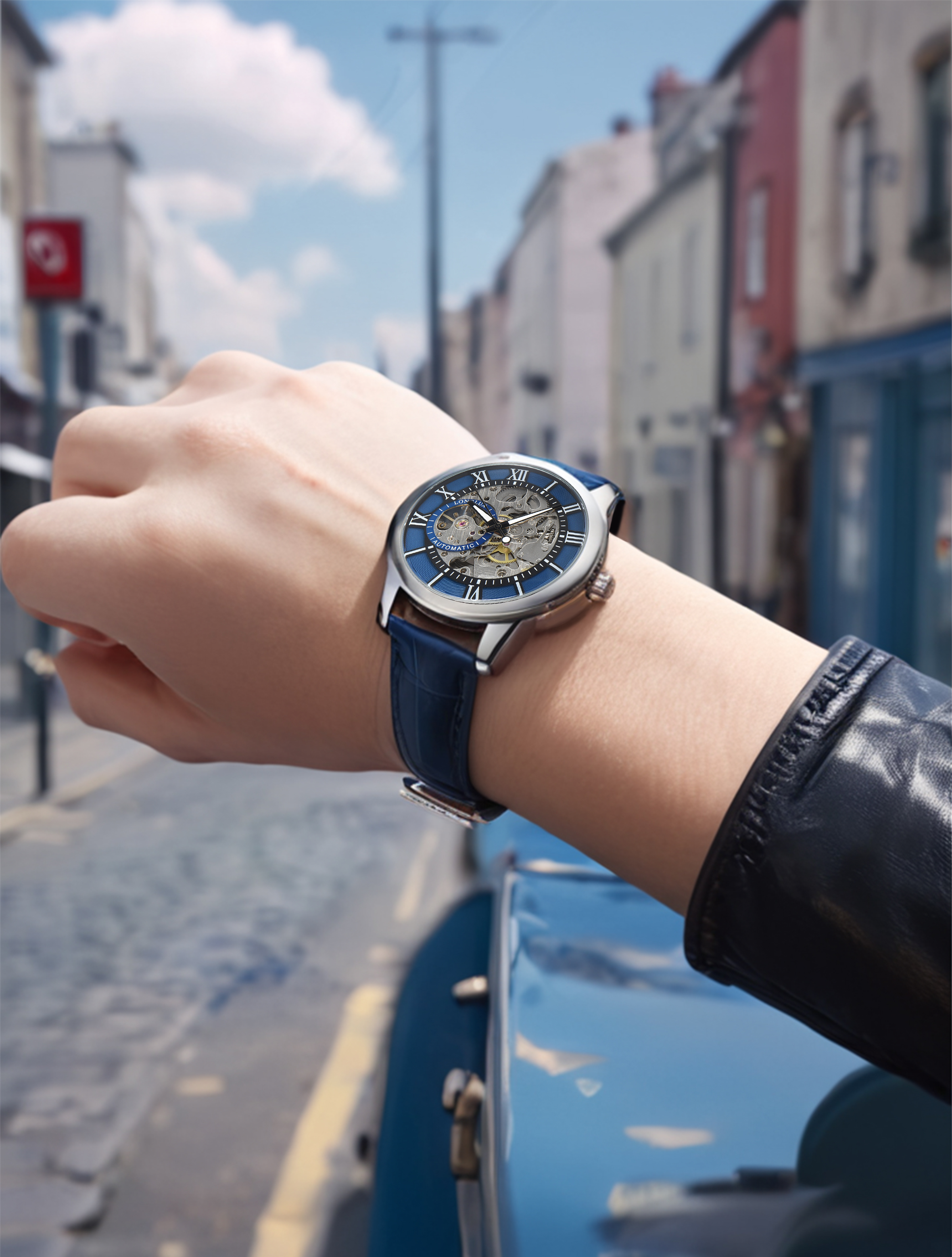 Reloj Automático LONGLUX, , relojes de pulsera mecánicos, reloj de cuero hueco resistente al agua para hombre, para hombre