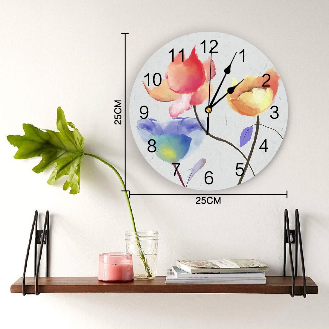 Horloge murale en pvc effet encre, motif plante et fleur, horloge numérique, décoration d'intérieur, décoration de salon moderne