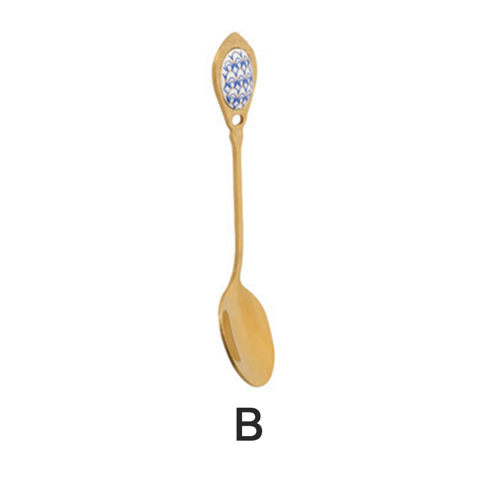 Stainless Steel Spoons Ceramic Handle Tea Coffee Scoop Vintage Gold Plating Dessert Spoon High Grade Cake Scoop Tool: B