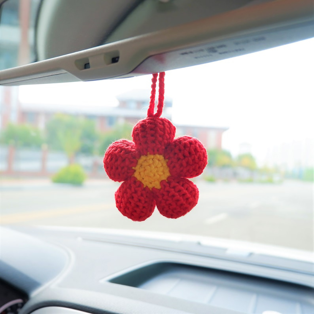 Accesorios colgantes para espejo de coche con flor de gofre Kawaii, accesorios para espejo retrovisor de coche con flores de ganchillo, colgante para espejo de coche D