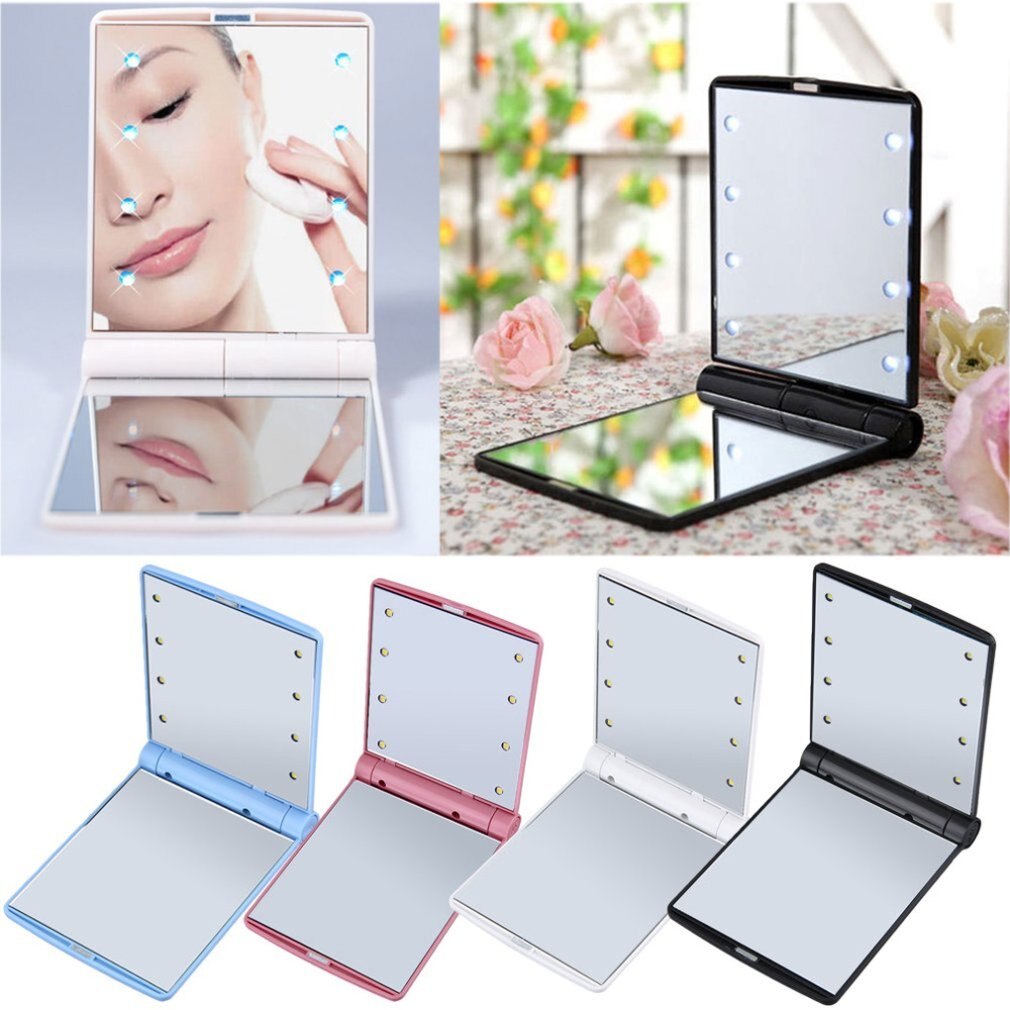 Low Power Comsumption Portable Size 8 Led Lights Women Facial Makeup Cosmetic Mirror Desktop Foldable Mirror