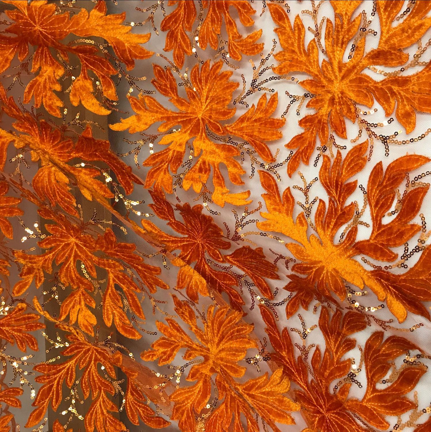 1 Yard Gold Maple leaf velvet lace Fabric With Sequins All around lace for Prom party Dress