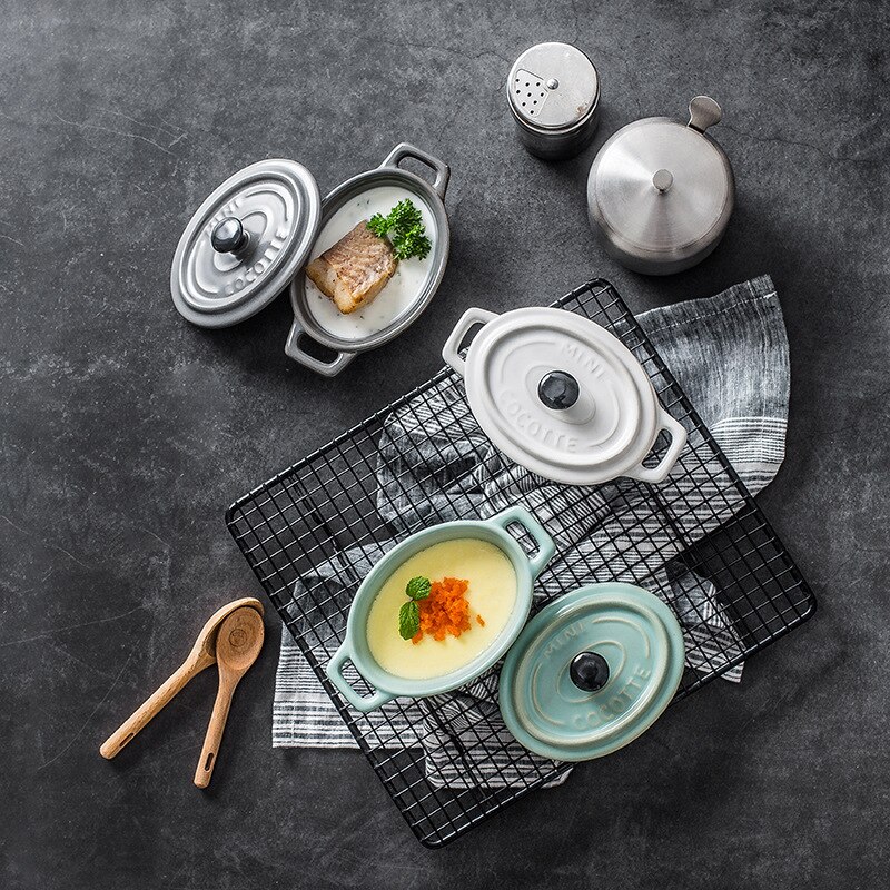 Mini Ceramic Casserole With lid Pudding Pumpkin Soup Matte Double ear Stew pot Bone China Matte Glazed