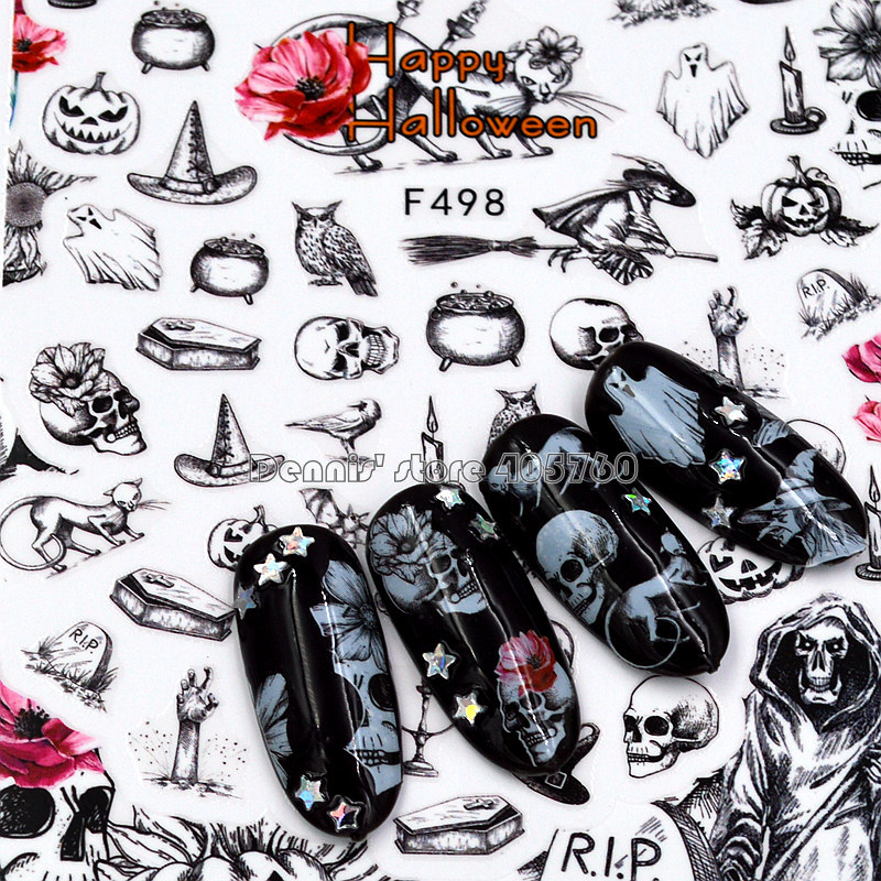1 vel Allerheiligen Halloween Essentiële Element Heksen Skeletten Corpse Bride Lijm Nail Art Stickers Decals F495-499 #