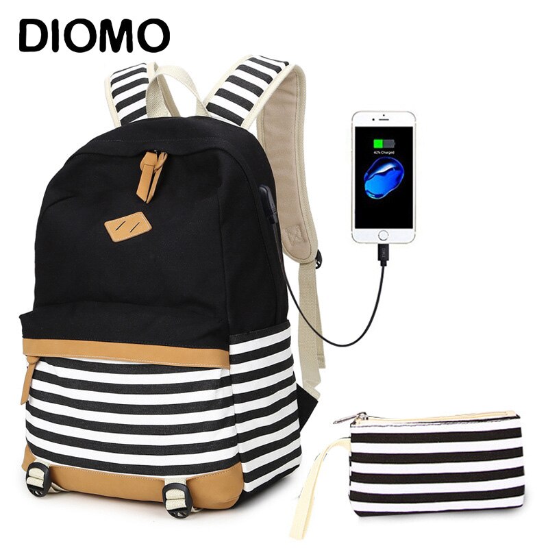 DIOMO USB Opladen Schooltassen voor Meisjes Canvas Katoen Stof Mode Gestreepte Rugzak voor Kinderen Rugzak Schooltas