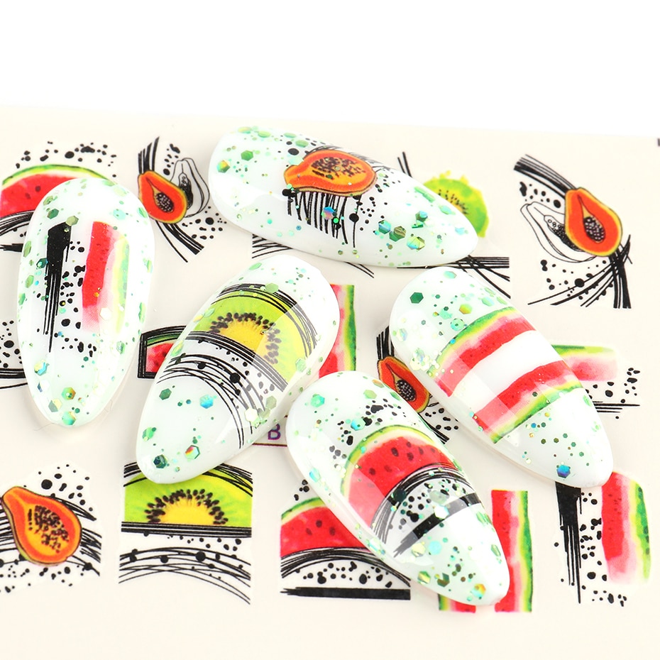 Sommer vand nail art klistermærker frugt med edderkoppe linjer transfer decals kiwi citron avocado manicure skyder bebn 1597-1608-1