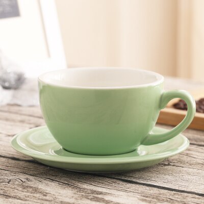 Taza de café artística Latte de boca ancha Macaron de 300ml con platillo, juego de tazas de café de cerámica esmaltada de colores gruesos europeos,: 08