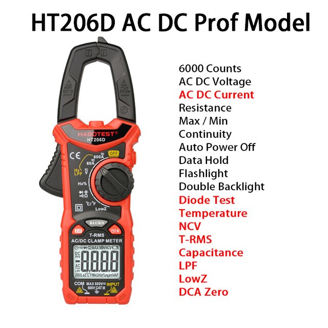 Habertest ht206 ac dc digital braçadeira medidor multímetro pinza amperimetrica verdadeiro rms alta precisão capacitância ncv ohm hz tester: HT206D
