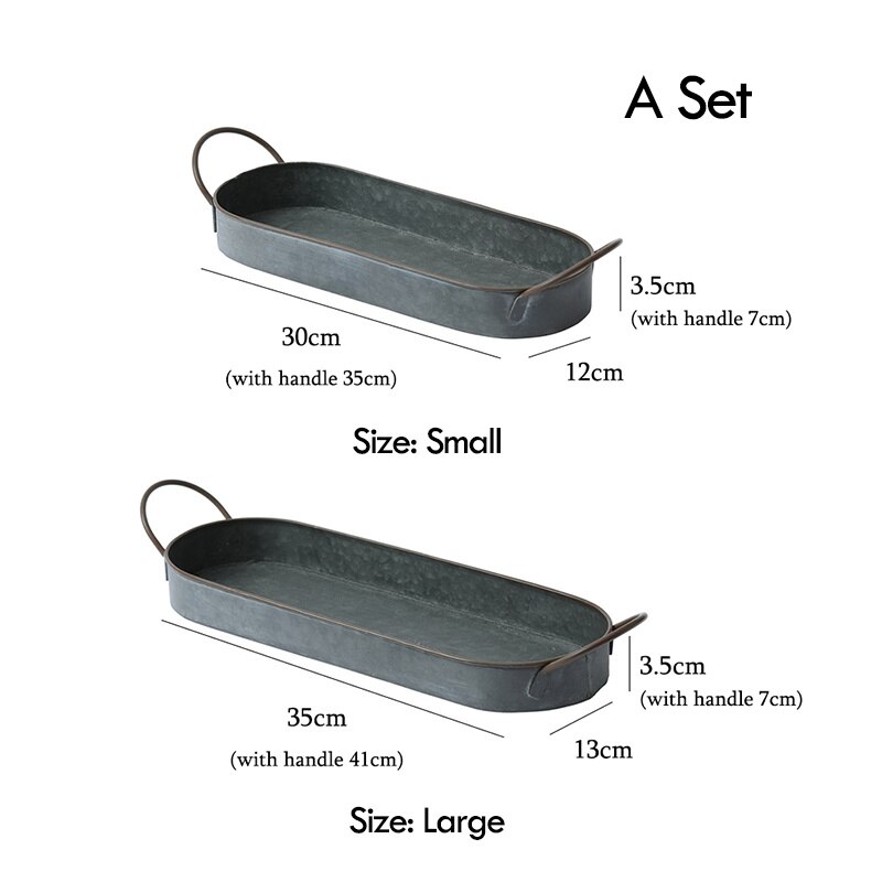 Oval Retro Distressed Metal Croissant Bread Tray Fruit Dessert Cake Sushi Plate with Handle for Home Kitchen Storage Decoration: a Set