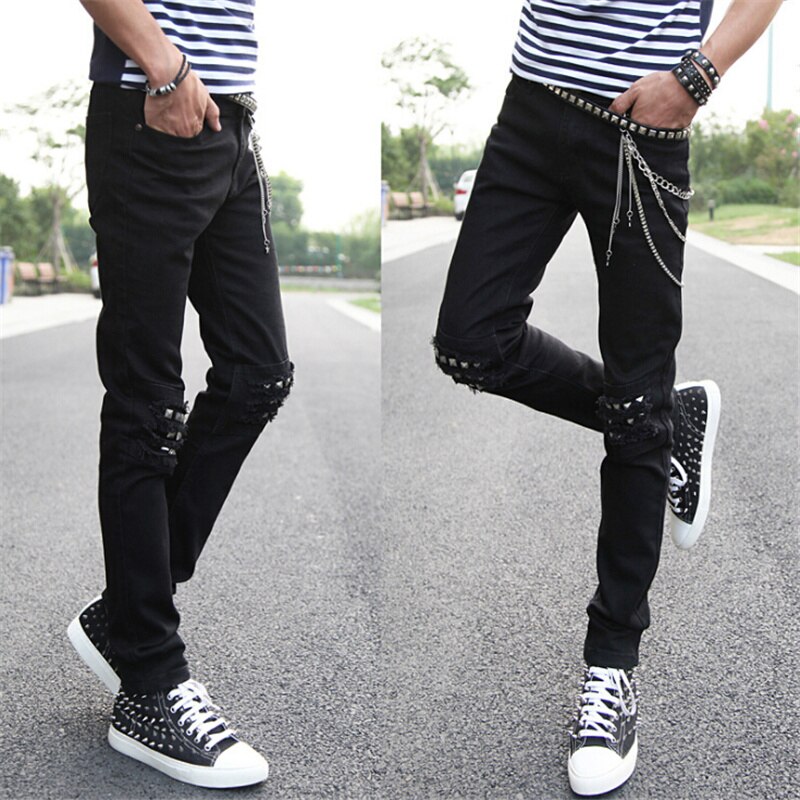 Mens Punk hip hop Black Jeans Lap Hip Rivet Slim Fit Biker Denim Pants Boys Singer Stage Ripped Skinny Jeans With Belts &amp; Chains