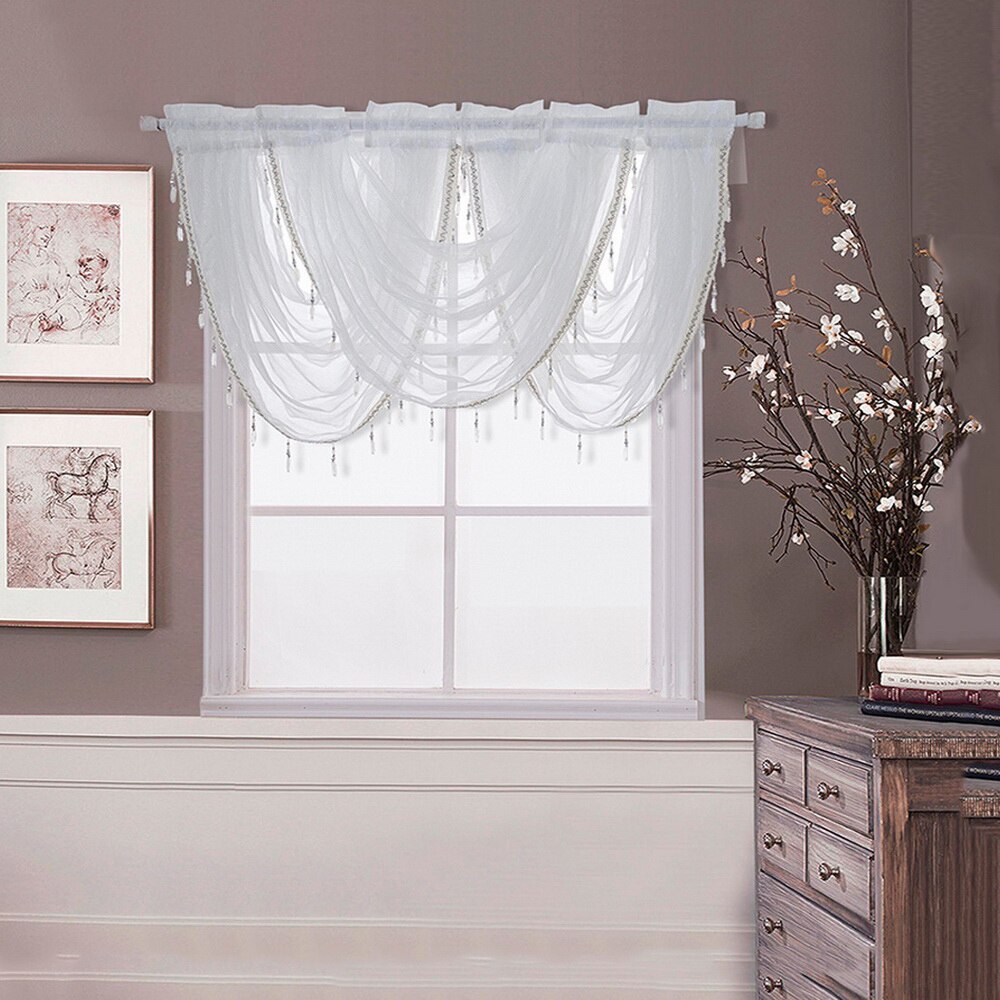 Vandfald valance gardiner sølv silke linje luksus beaded gardin valance ren vindue gardiner til køkken stue