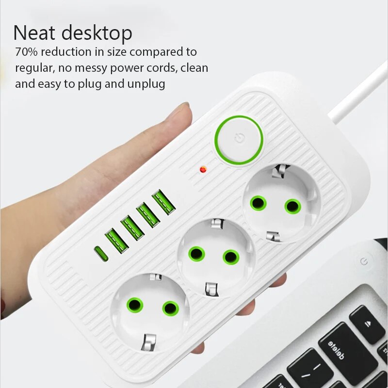 EU-Stecker-Steckdosenleiste, 3 AC-Steckdosen, 2 m Verlängerungskabel, Steckdose mit 4 USB-Anschlüssen, 1 PD-Anschlüsse, Schnelllade-Multiprise-Netzwerkfilter