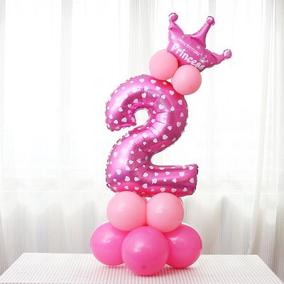 17 Stks/set 32 Inch Regenboog Nummer Folie Ballonnen Crown Digitale Helium Ballon Bruiloft Decoratie Verjaardag Feestartikelen: Solid color Pink 2