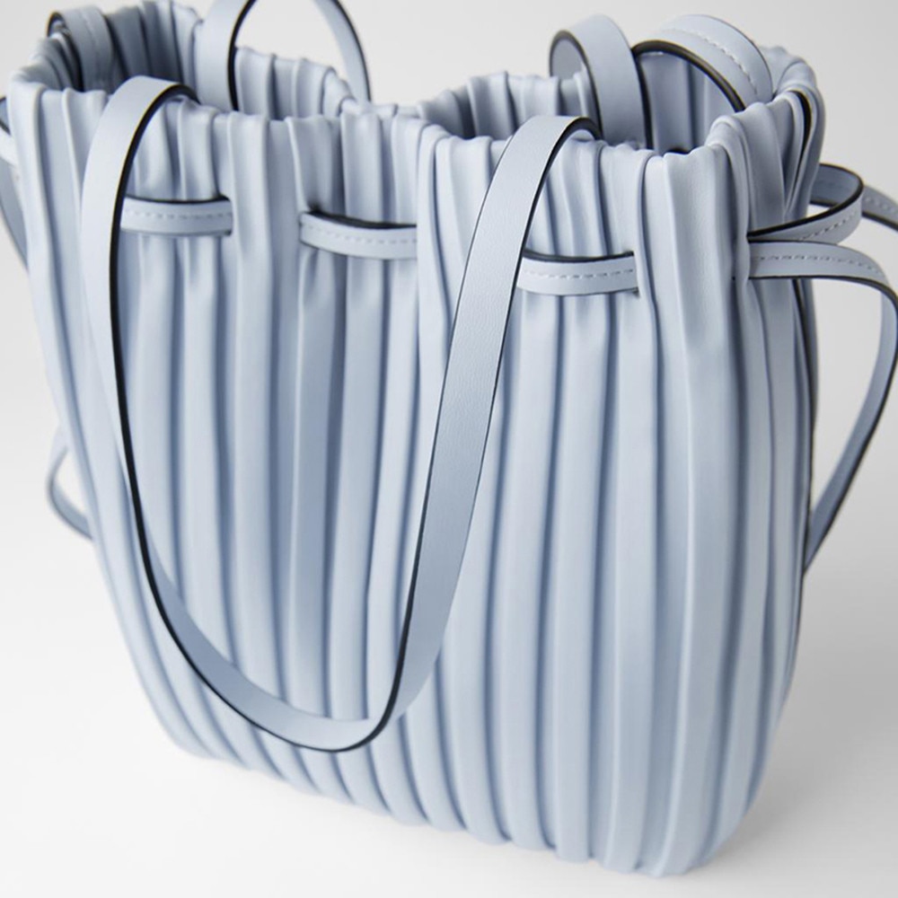 ZA plissé cordon seau sac pour sacs à main de luxe couleur unie en cuir pu haute capacité épaule sacs à main ville plage