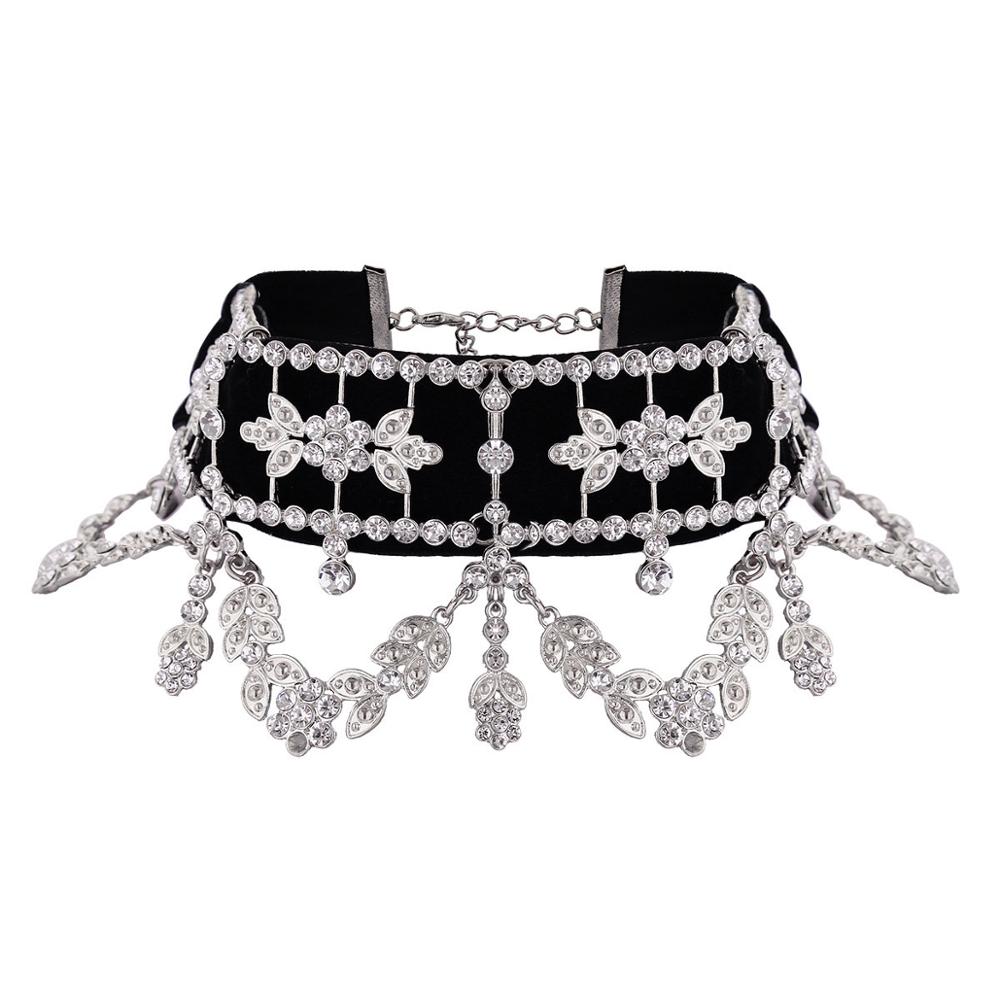 Lace Up Luxury Statement Necklace Big Rhinestone Choker maxi crystal necklace Ribbon Collier Femme Jewelry Collares: silver