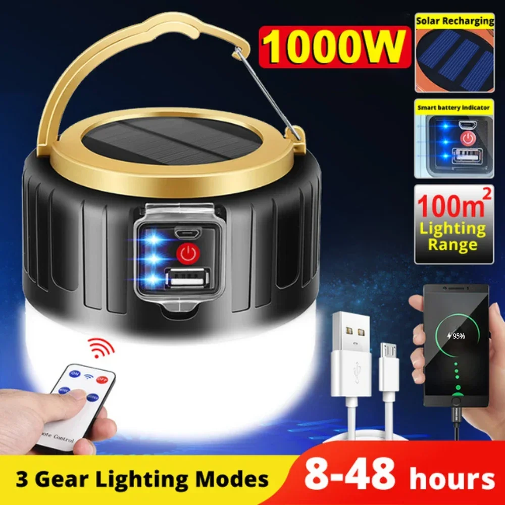 1000W Outdoor Solar LED Camping Light USB Rechargeable Tent Lamp Portable Lanterns Emergency Lights For BBQ Hiking Night Market: 2.5 W
