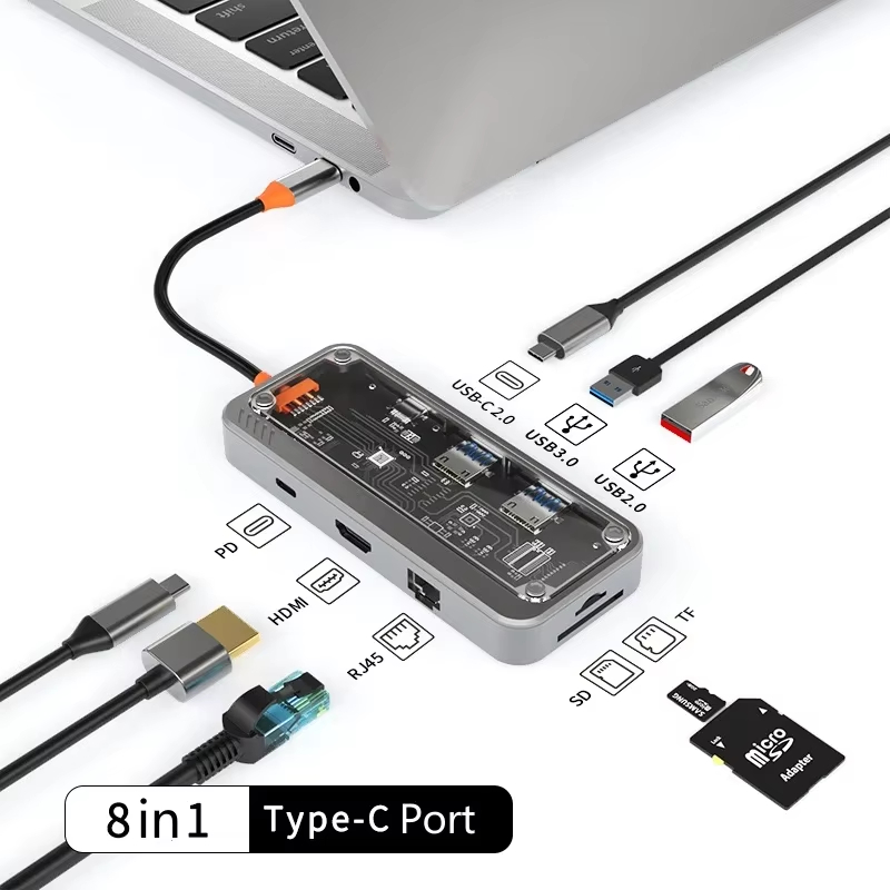 Basix USB C HUB 4K 30Hz Type C to HD-MI DP VGA Gigabit Ethernet USB 3.0 PD 100W Adapter For Macbook Air Pro M2 M1 PC Accessories: Orange
