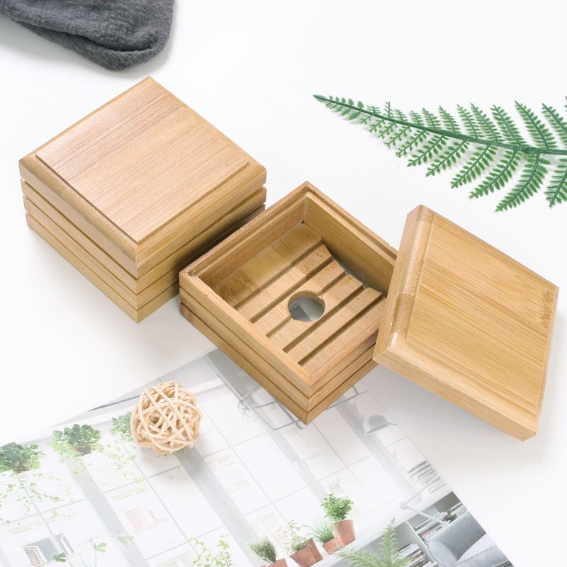 Bamboo Drain Soap Box Soap Holder Wooden Storage Box Eco-Friendly For Bathroom Products 8x8.1x5.2cm Bamboo Soap Dishes