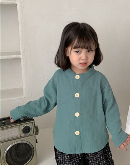 Voorjaar Jongens Effen Kleur Shirts Koreaanse Stijl Baby Meisjes Blouse Linnen Lange Mouw Shirts Kinderen Tops Kleding: green / 2T