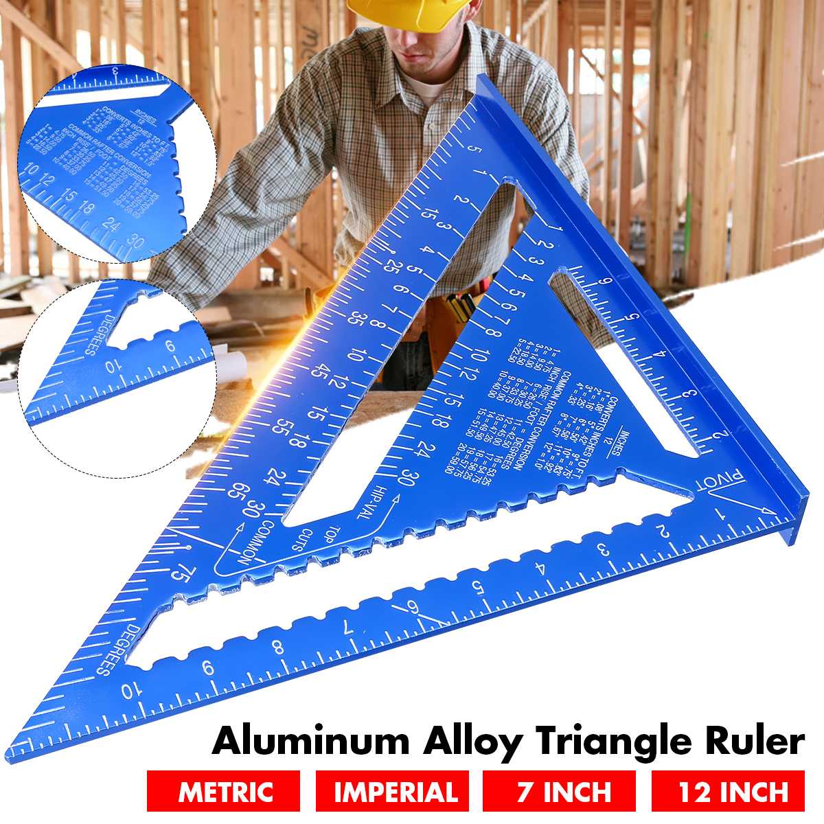 7/12 inch Metric Angle Ruler Aluminum Alloy Triangular Measuring Ruler Woodwork Speed Square Triangle Angle Protractor