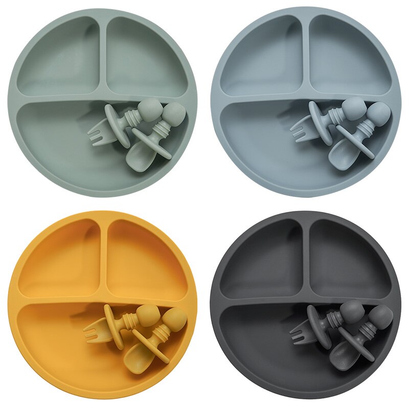 Ensemble d&#39;assiettes en silicone solide, vaisselle d&#39;apprentissage pour bébés, à la , avec fourchette, cuillère, sans BPA