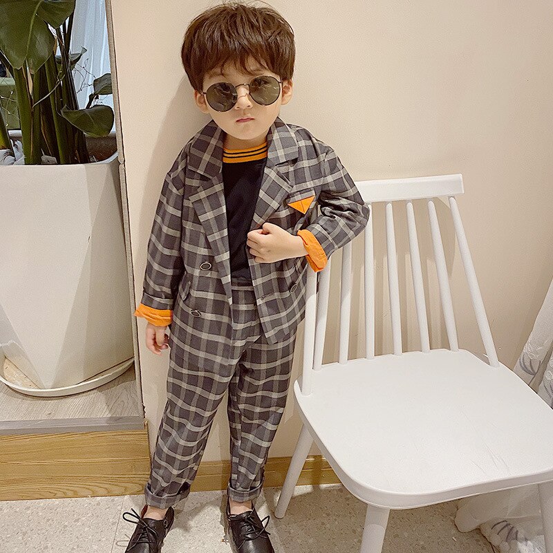 Set di abiti scozzesi per bambini ragazzi Leisure Grid Stripe Dress costumi Host bambini Blazer doppiopetto pantaloni 2 pezzi set di abbigliamento