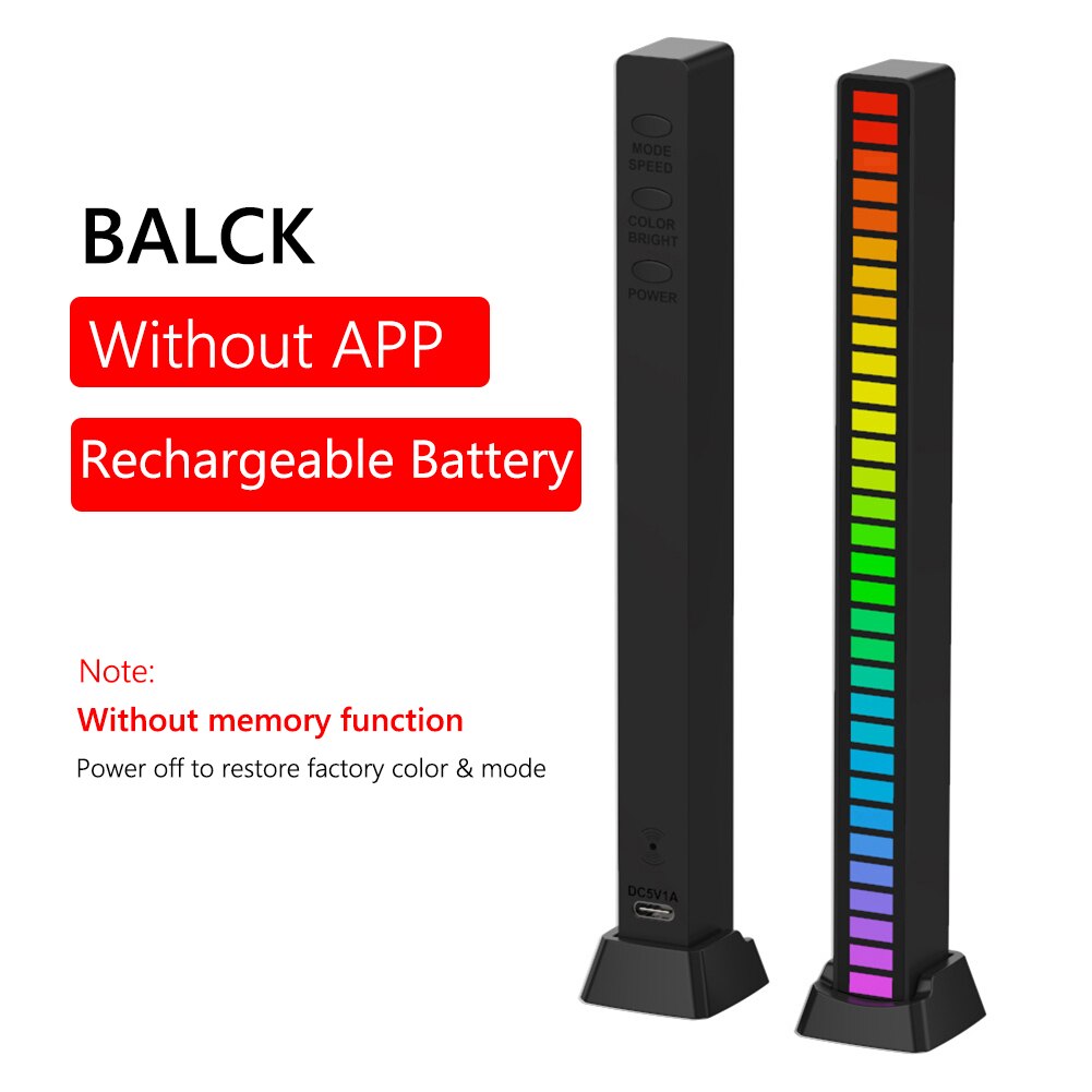 Lydkontrol lys app kontrol stemmeaktiveret pickup rytme lys led rgb farverig musik omgivende lys bar rytme lampe usb: Sort genopladeligt