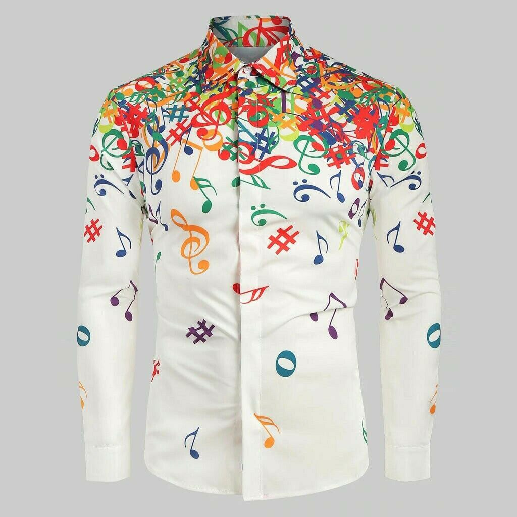 Men Casual Novelty Musical Note Pattern Long Sleeves Shirt Top Blouse for Party NIN668: White / S
