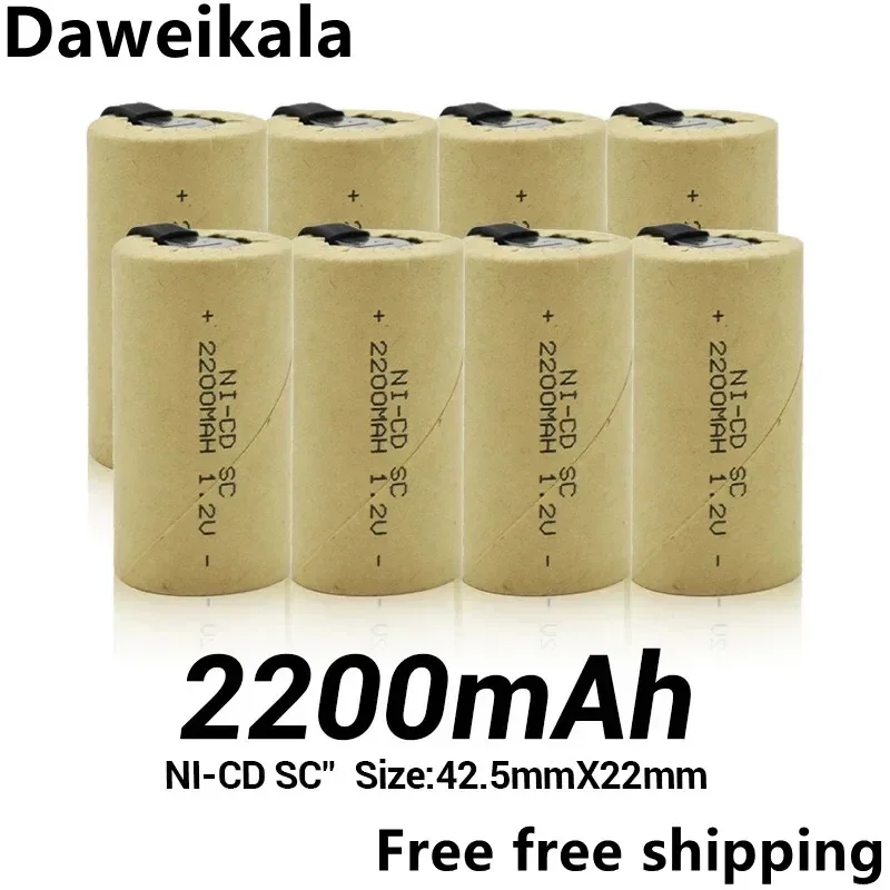 Batería recargable SC de 1,2 V, célula de NI-CD Sub C de 1,2 V y 2200mAh con pestañas de soldadura para taladro eléctrico, destornillador, baterías DIY