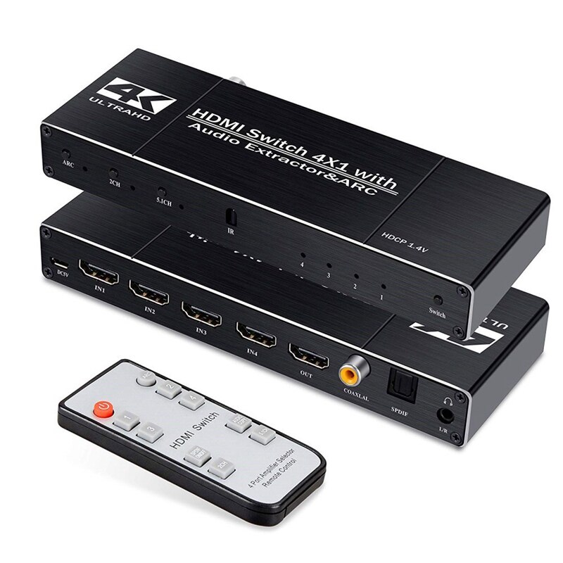 Hdmi switch 4k @ 60hz 4 in 1 ud med fjernbetjening/o optisk, hdmi splitter med o udtræksstøttebue
