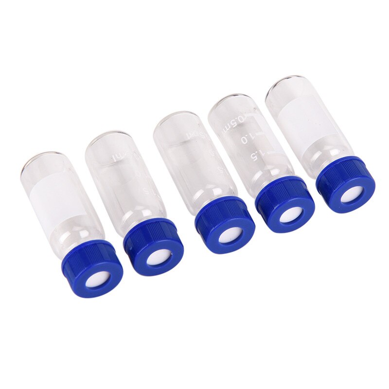 Frascos de vidrio de 5 uds. Botella redonda de reactivo de vidrio graduado con tapa de rosca azul frascos de muestra de graduación de 2ml