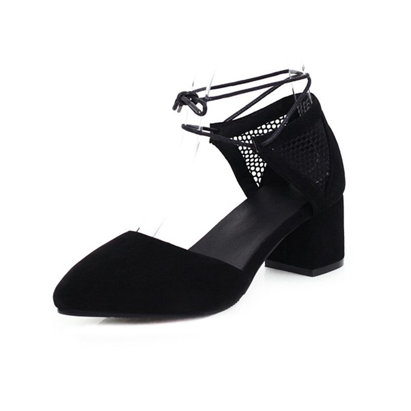 PXELENA Rome Cross Strap Gladiator Sandals Lady Chunky Med Heels Women Summer Shoes White Black Mesh Office Lady Daily Plus Size: Black Flock / 6