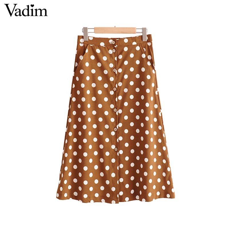 Vadim mujeres vintage dot print midi falda de botones bolsillos una línea Damas casual verano faldas de media pierna falda mujer BA022