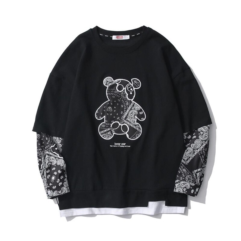 Tide Brand Cashew Flower Bear Japanese Full Sleeved T-Shirt for Men and Women Style Casual Long-Sleeved Couple Tees