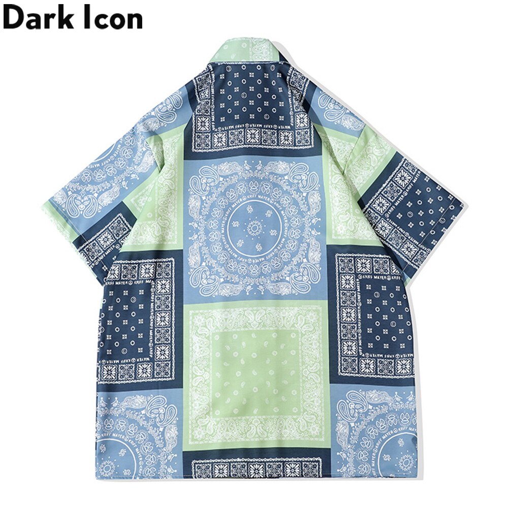 Dark Icon Green Blue Bandana Patchwork Hawaiian Shirt Men Turn-down Collar Men's Shirts