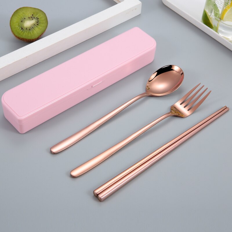 304 ruostumatonta terästä korea astiasto lusikka syömäpuikot laatikko astiasto matka ruokailuvälinesarja kannettava astiasto: Vaaleanpunainen 3 kpl