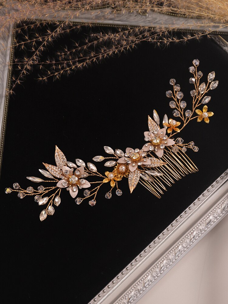 Bröllop tiara bladguld blomma hår kam handgjord brud pannband ädla kvinnor hår smycken bröllop accessoarer hår brud: Default Title