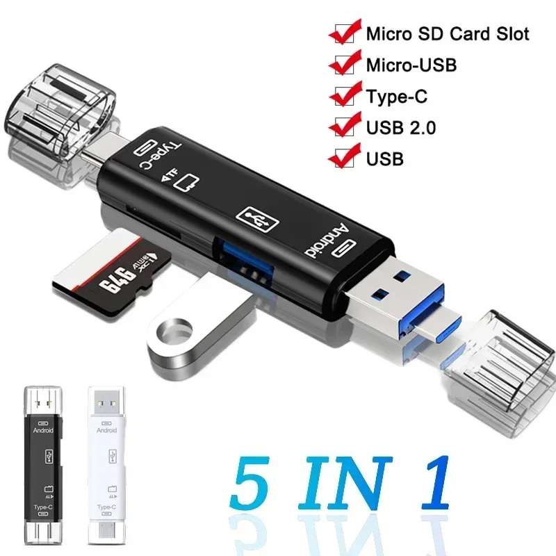 Adaptador de lector de tarjetas multifunción 5 en 1, accesorios para teléfono móvil para Usb 2,0 tipo C/Usb /Micro Usb/Tf/adaptador de lector de tarjetas SD