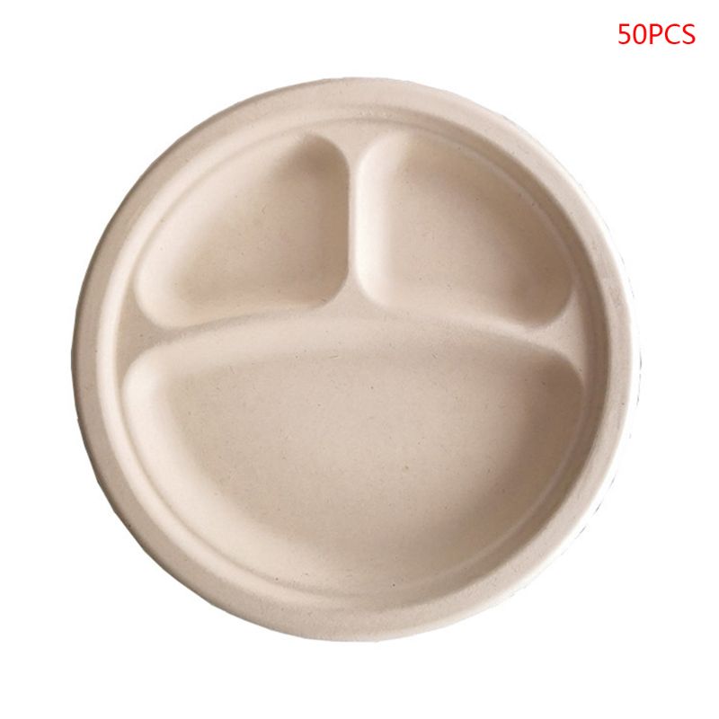 50Pcs/bag 9\"/10\" Degradable Bagasse Paper Plate 3 Compartment Disposable Plate