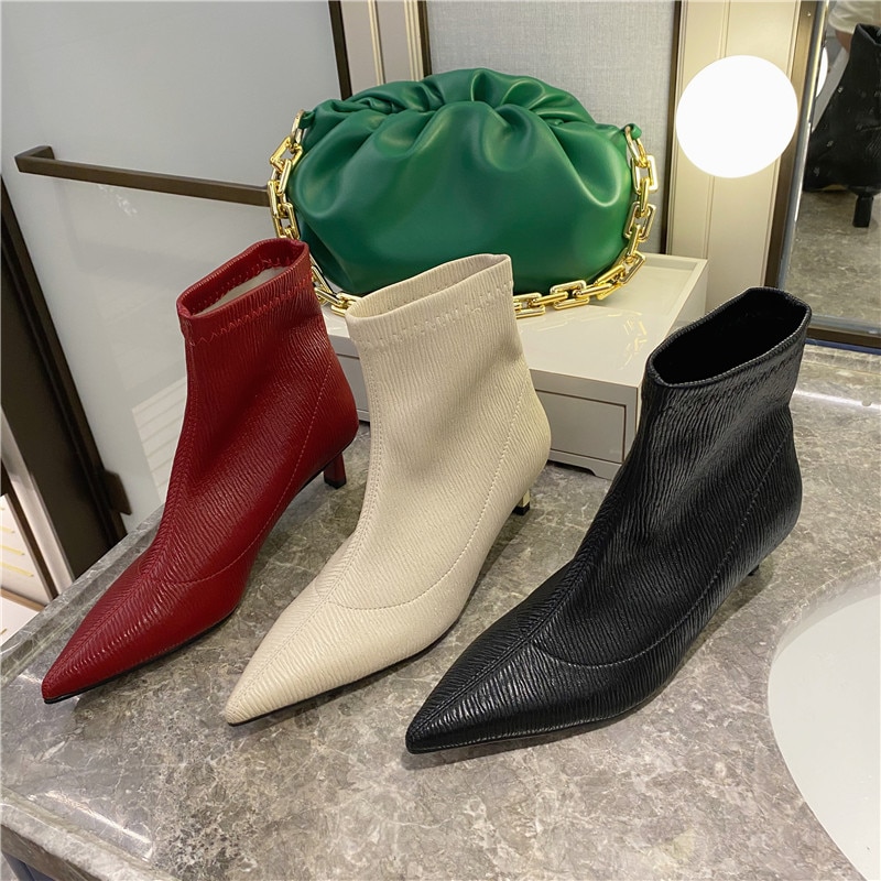 Pointed Toe Sock Boots Women Ankle Boots Stretch Shoes Slip On Thin Mid Heels Chelsea Boots Woman Red Black Shoes Short Boots