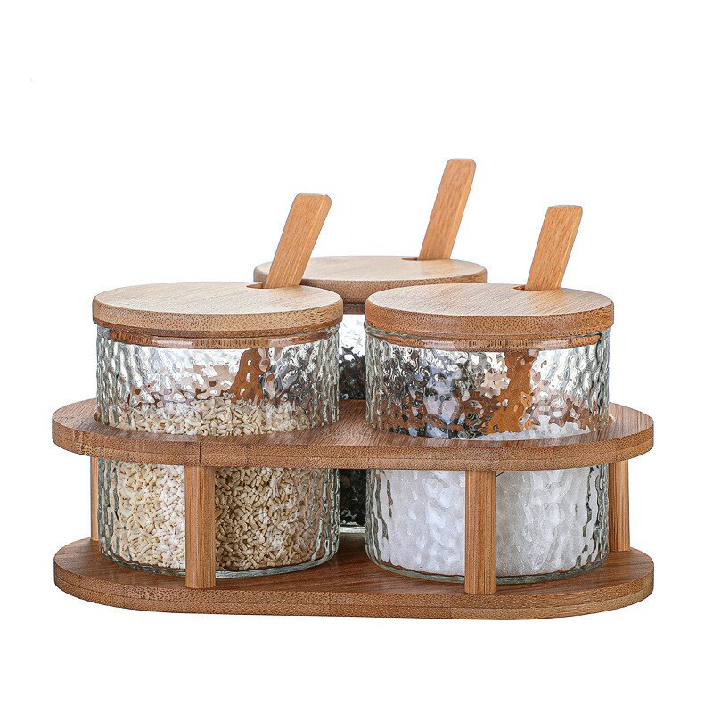 Hamer Glas, Bamboe En Hout Dressing Box Set Voor Huishoudelijke Keuken Zout Pot Kruiden Fles Container Set: Whole set02