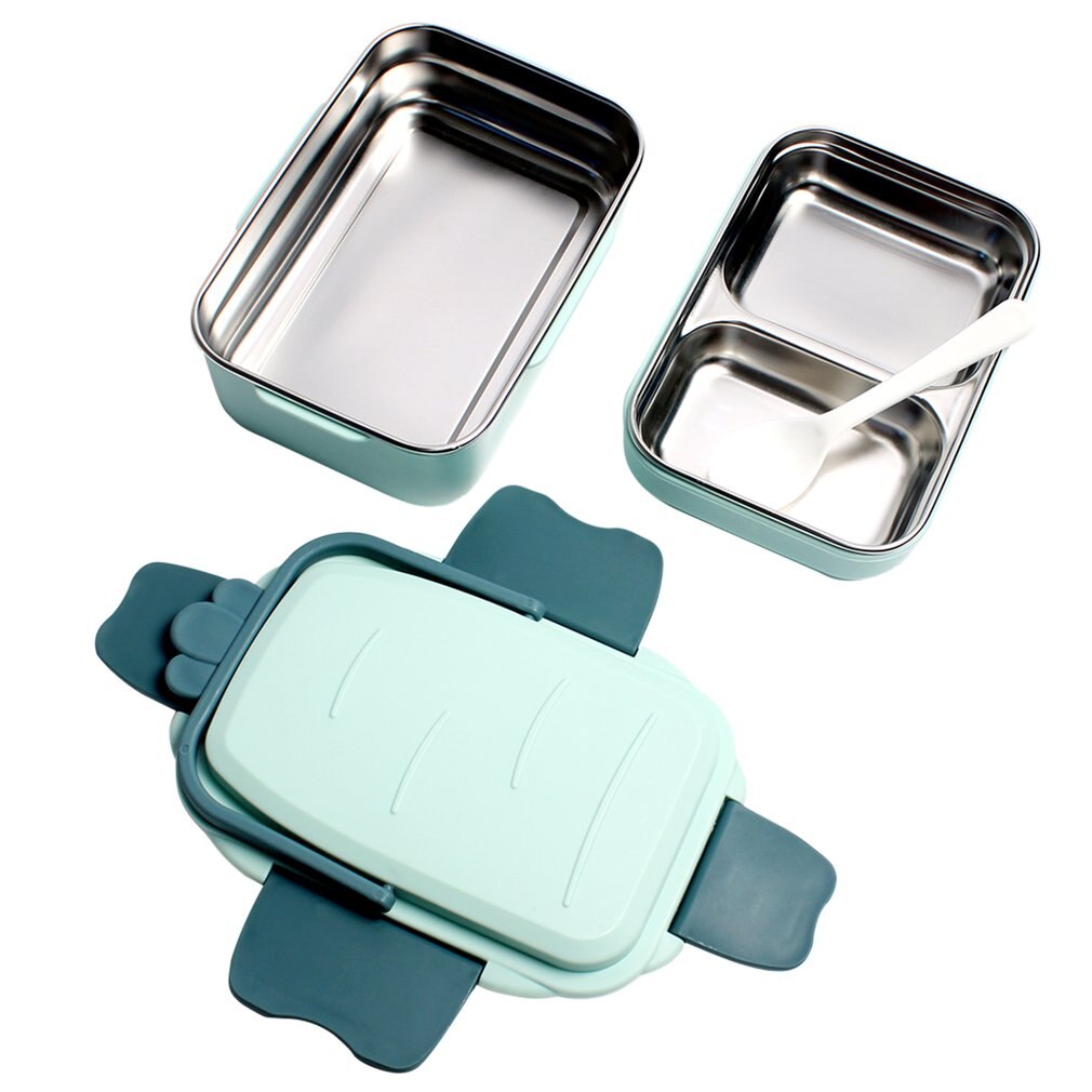 Double-Layer Lunchbox Rvs Food Storage Container Draagbare Lekvrije Silicone Ring Lunchbox Cartoon Servies