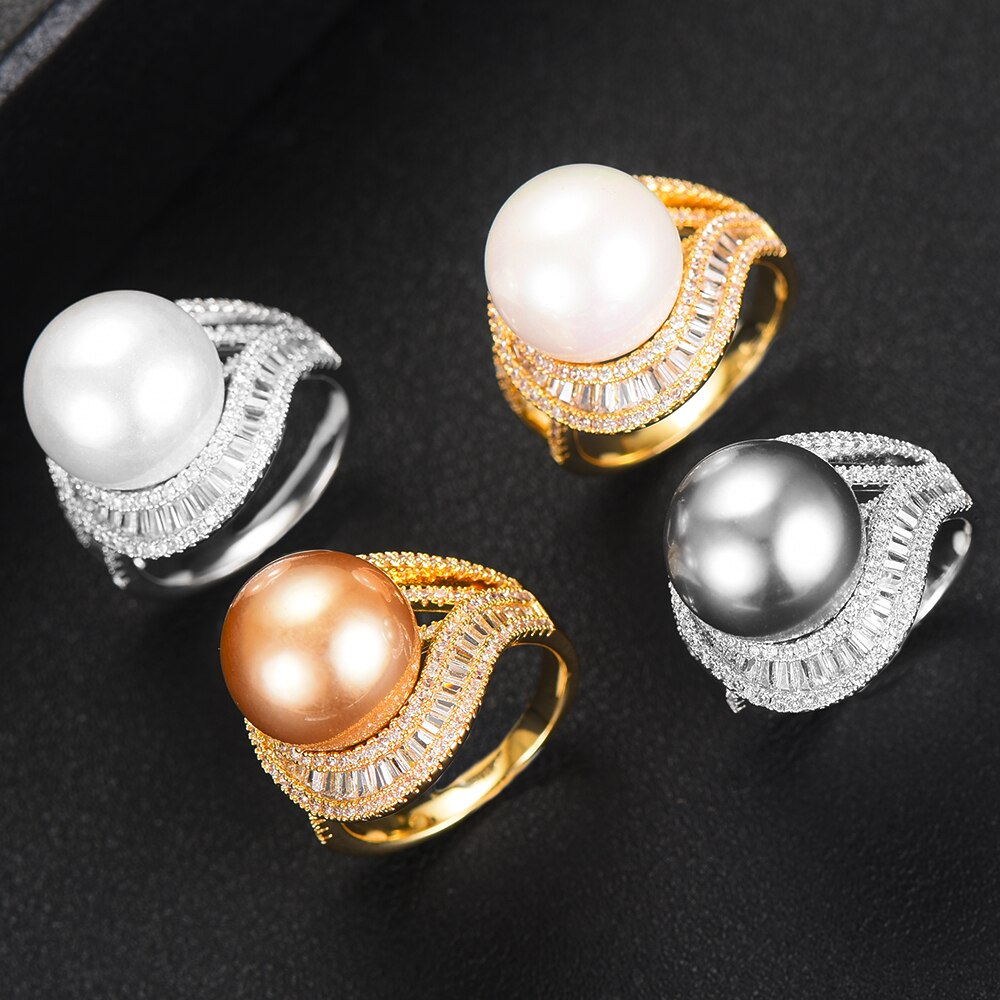 GODKI luxe grande Imitation perle fleur gras bagues avec Zircon pierres femmes fiançailles fête bijoux de