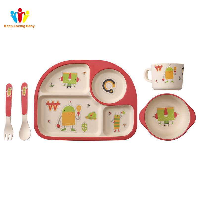 Cubertería de cuatro platos para niños de fibra de bambú, cubertería portátil con dibujos bonitos para bebé, tenedor, vajilla para bebé